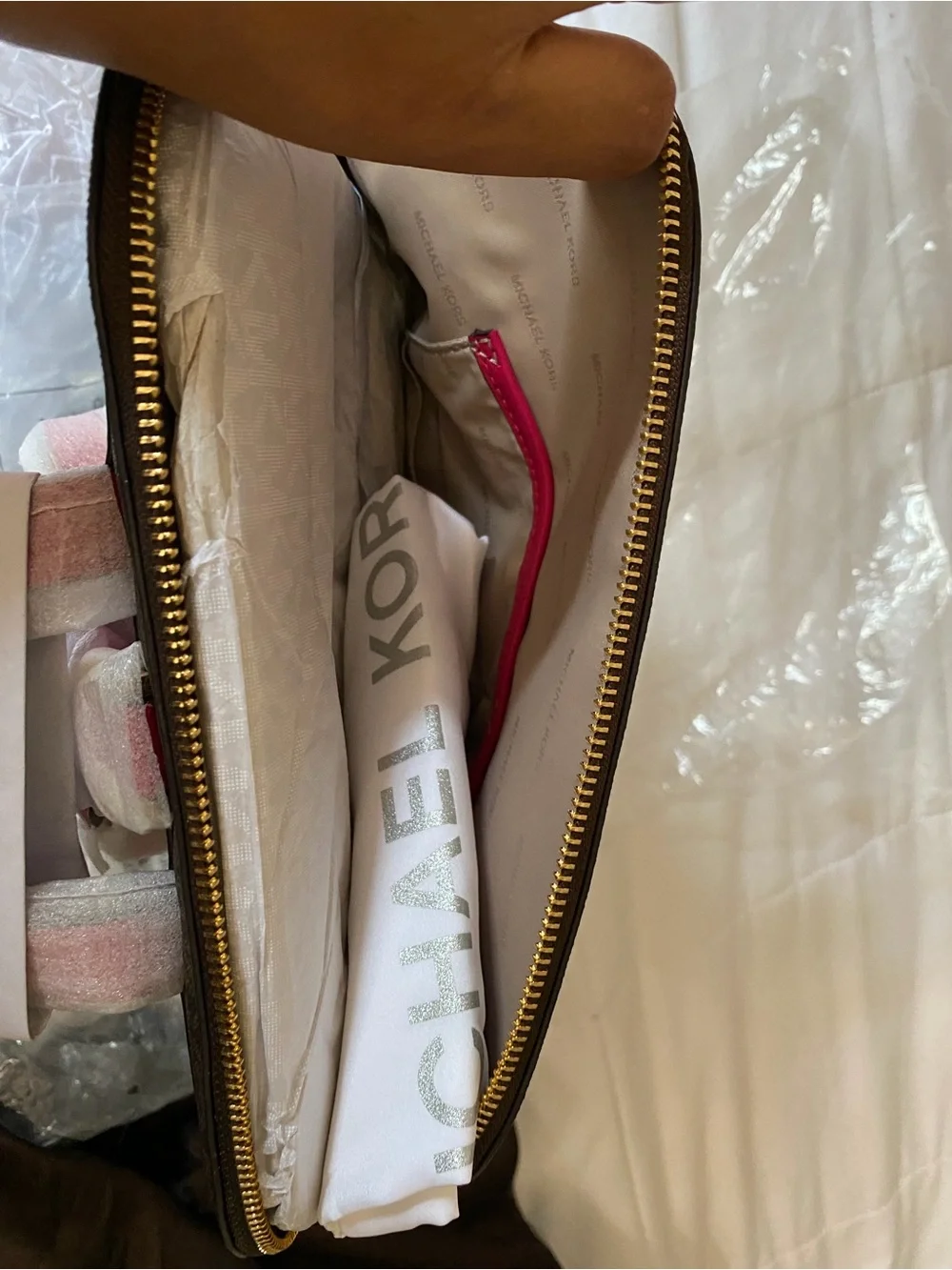 Michael Kors Brown Crossbody with Pink Trim and Gold Hardware